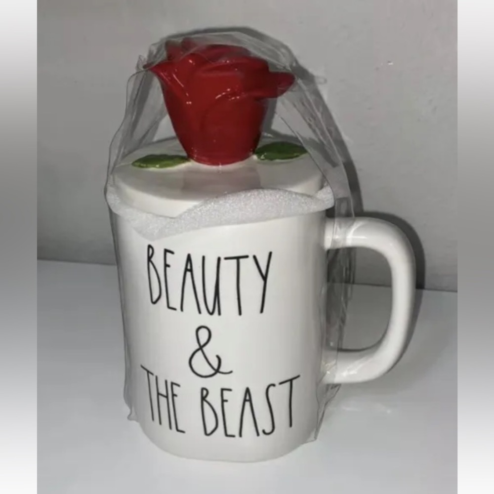 Rae Dunn 2022 Disney Princess Collection Mug “BEAUTY & THE BEAST” Rose Topper